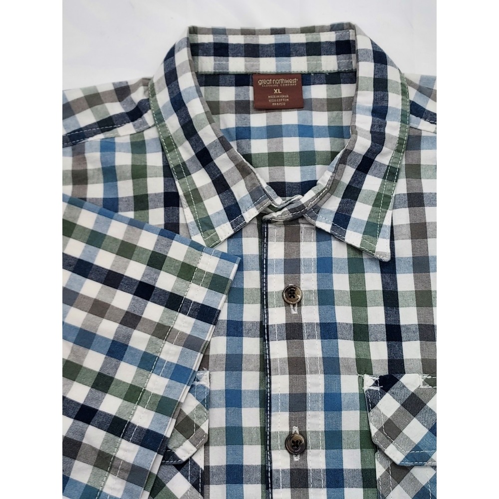 Great Northwest Mens XL‎ Plaid Short Sleeve Button Down Shirt Blue Green Cotton